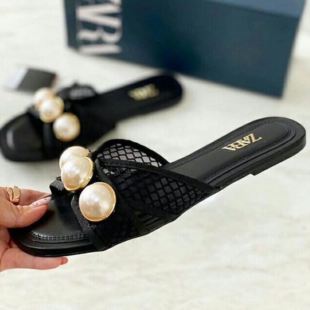 ZARA Pearl Embellished Mesh Slide Sandals NWT Black Resort Flats Size 7.5 - Picture 12 of 16